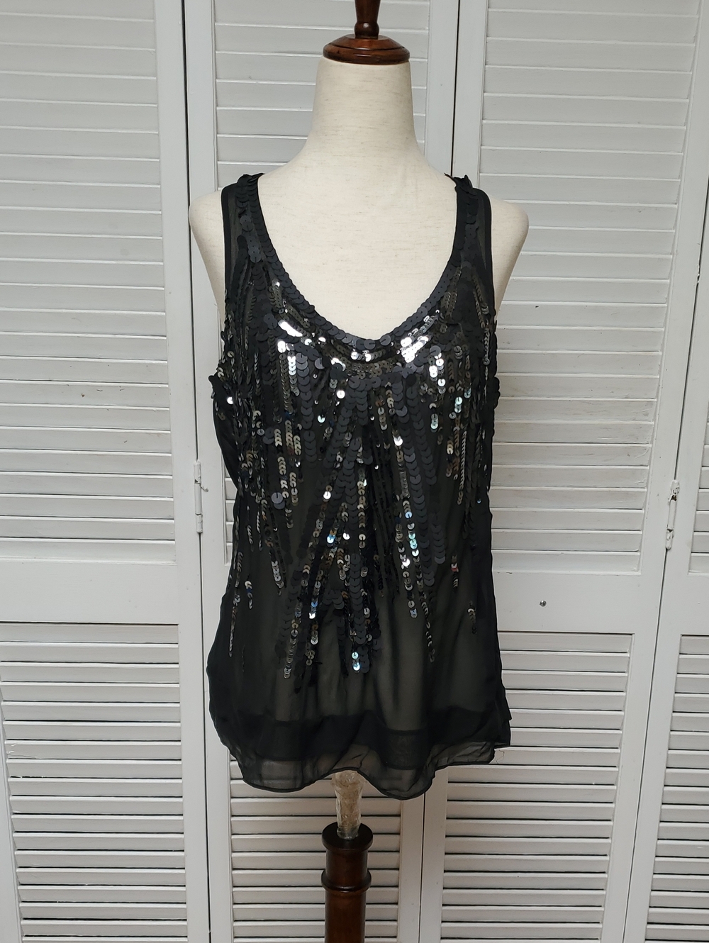 BCBGMaxAzria Black Sheer Sequin V-Neck Camisole